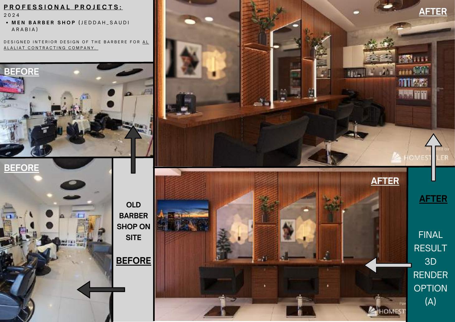 Men’s Barber Shop: Before: the old barber shop on site. After: final 3D render, option A